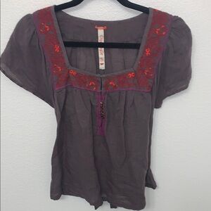 Free People Brown and Red Embroidered Puff Sleeve Blouse
